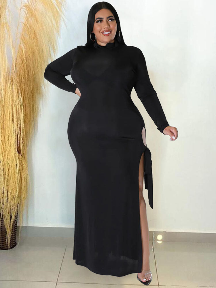 Plus Size Long Sleeve Lace Up Split Maxi Dresses