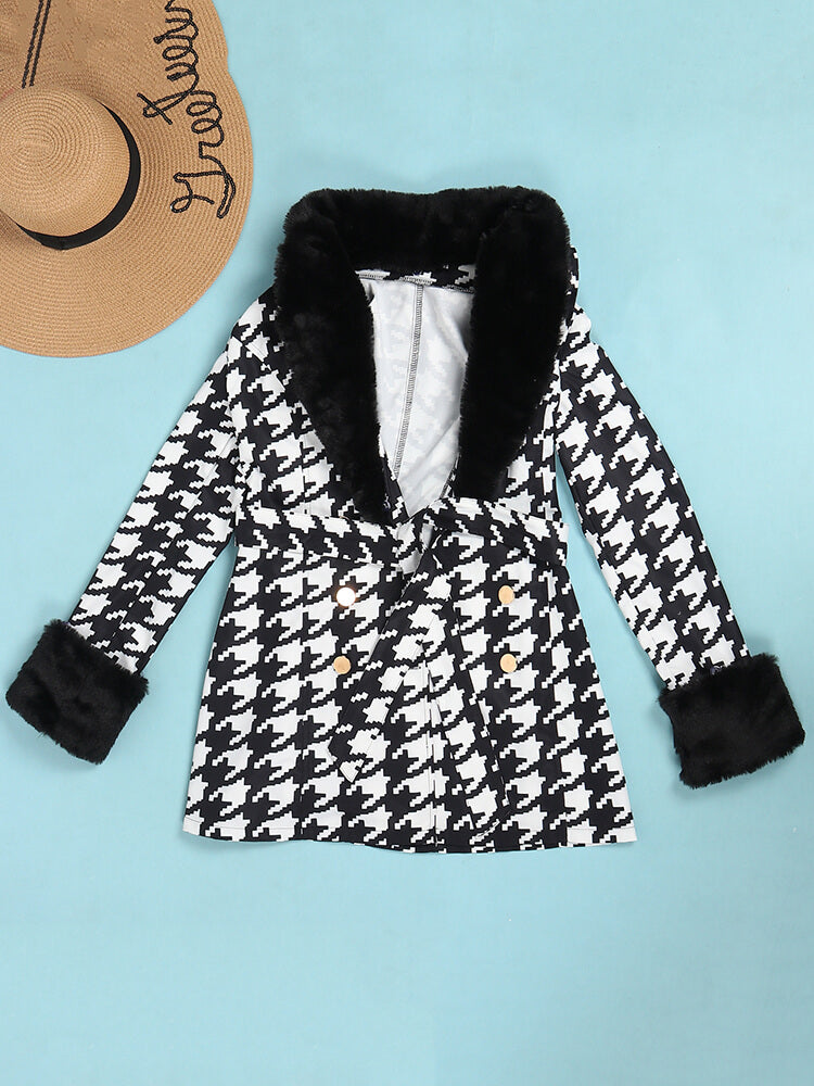 Houndstooth Long Sleeve Patchwork Woolen Coats