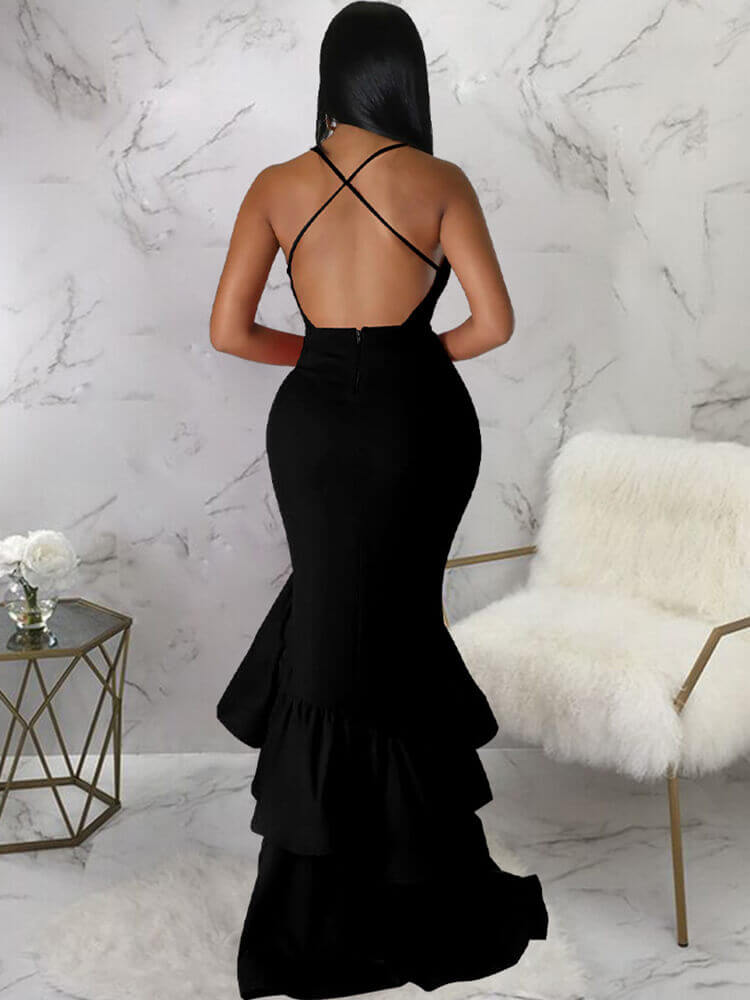 Spaghetti Strap Backless Ruffle Maxi Dresses