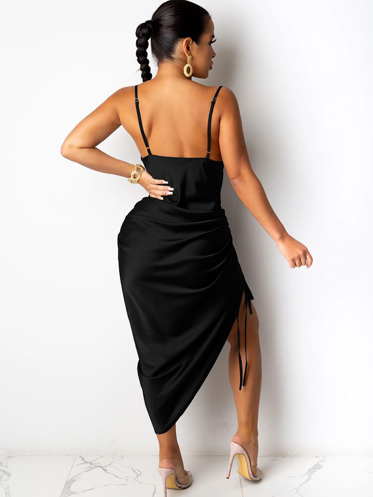 Spaghetti Strap Drawstring Ruched Midi Dresses