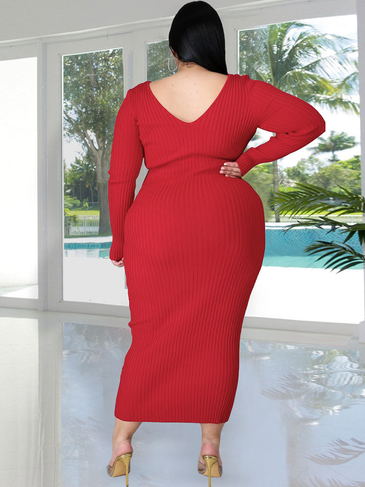 Plus Size Ribbed Long Sleeves Midi Dresses