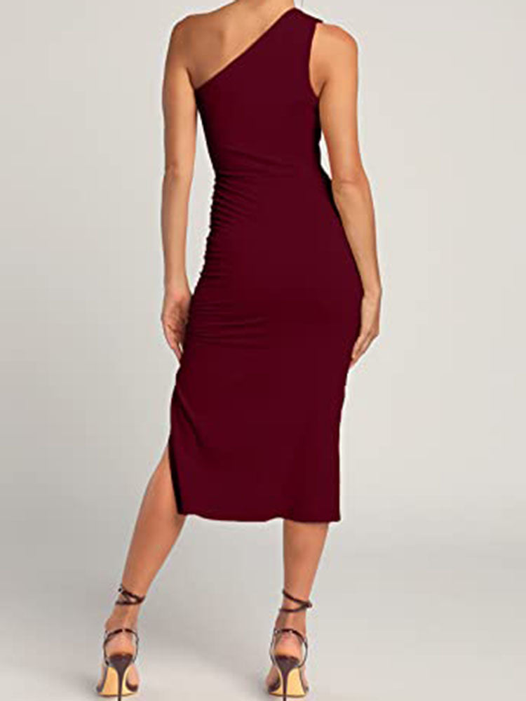 One Shoulder Sleeveless Bodycon Ruched Split Midi Dresses