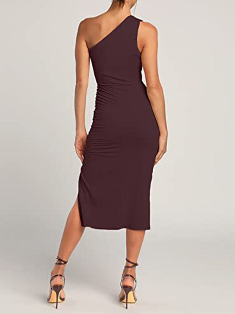 One Shoulder Sleeveless Bodycon Ruched Split Midi Dresses