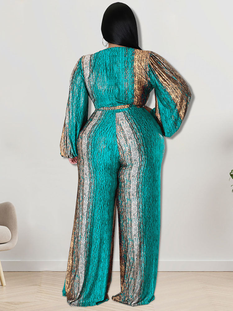 Plus Size Long Sleeves Tie Dyed Print Jumpsuits