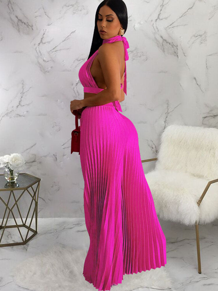 Two Piece Halter Crop Top Wide Leg Pants