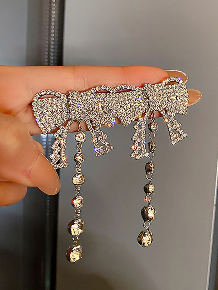 Rhinestone Butterfly Heart Tassel Earrings