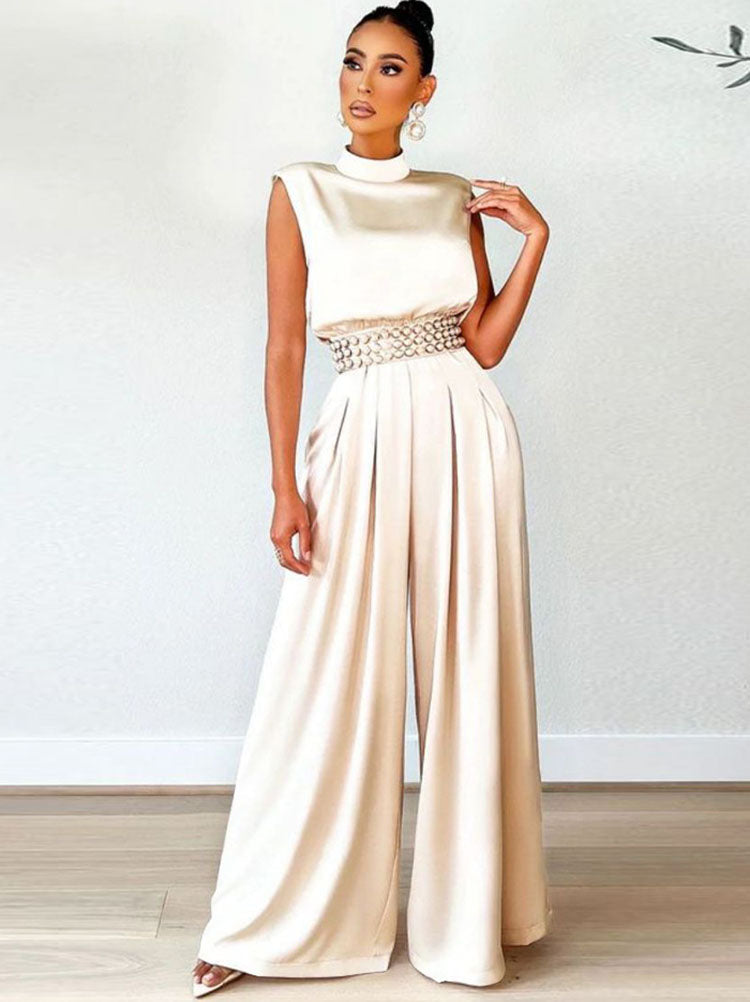 Sleeveless Mock Neck Wide-Leg Jumpsuit