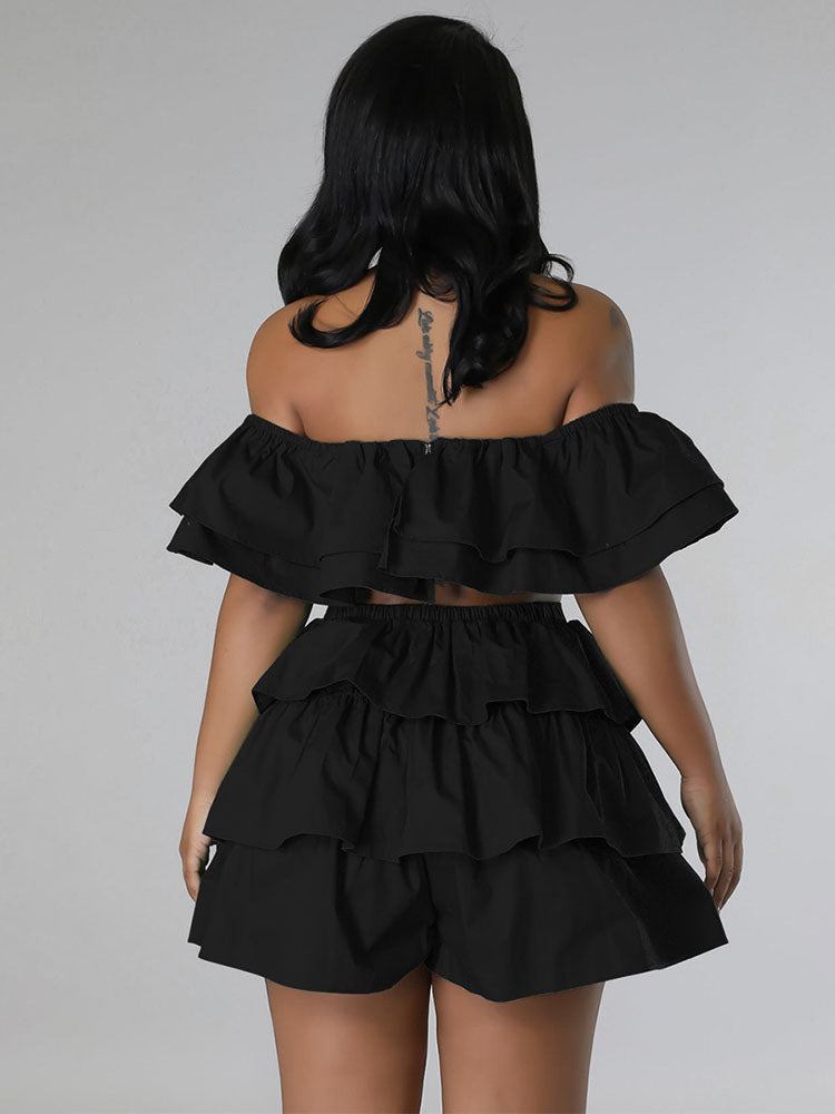 Ruffled Edge Bandeau Crop Top Shorts Set