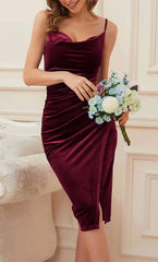 Sleeveless Velvet Ruched Split Midi Dresses