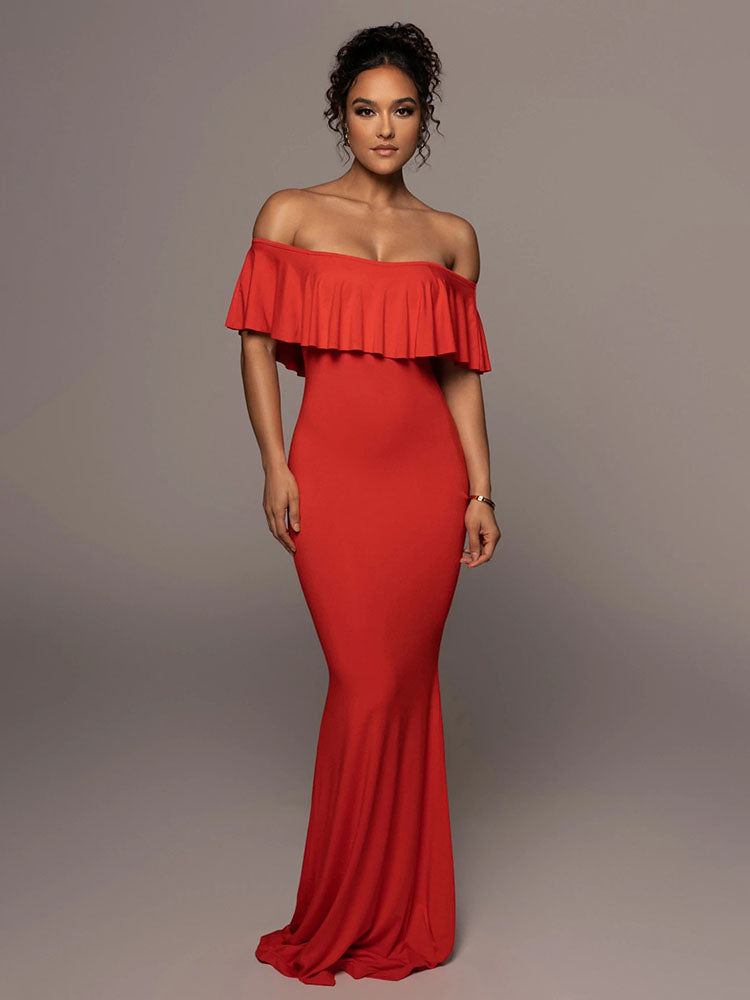 Off Shoulder Solid Ruffle Maxi Dresses