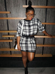 Knit Two Piece Plaid Print Skirt Suits