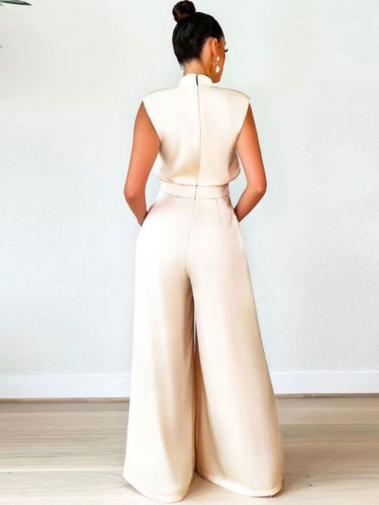 Sleeveless Mock Neck Wide-Leg Jumpsuit