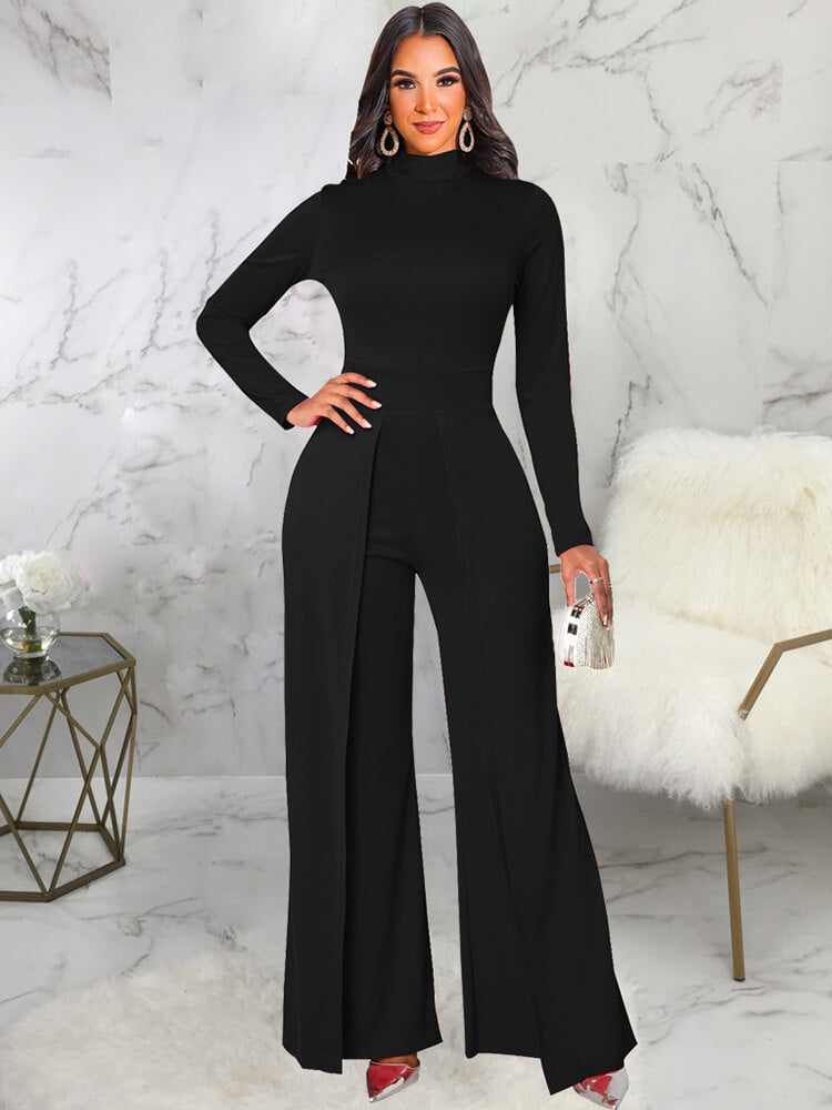 Mock Neck Long Sleeve Wide Leg Jumpsuits