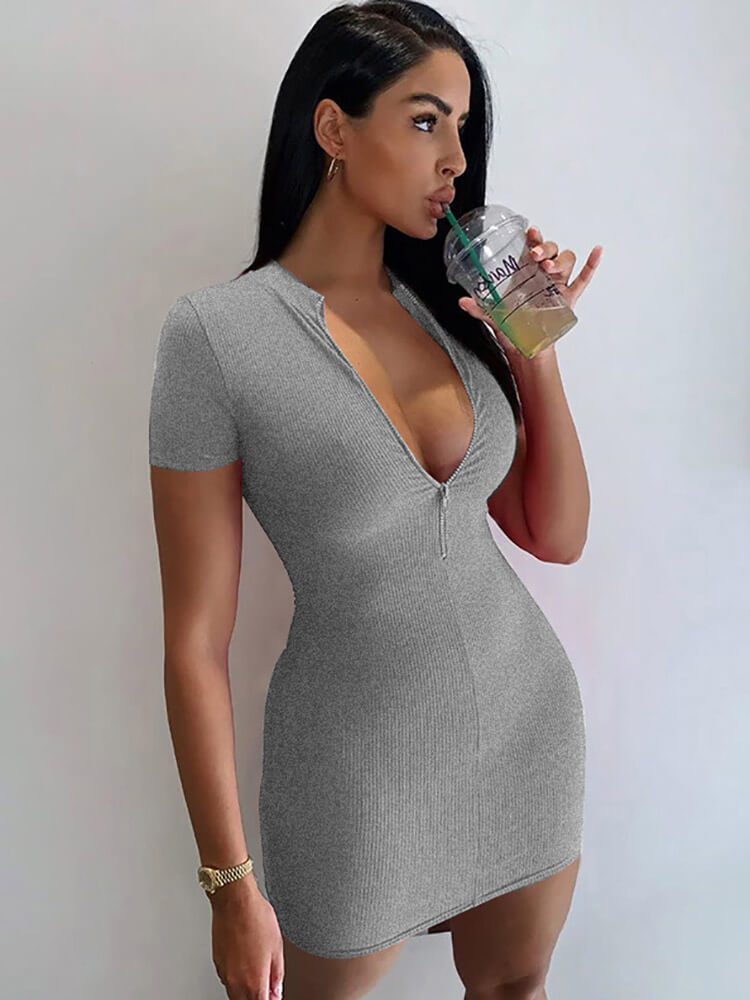 Short Sleeve Zip Up Bodycon Mini Dresses