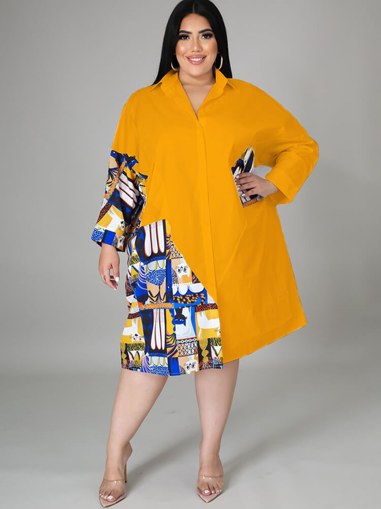 Plus Size Long Sleeve Loose  Shirts Midi Dresses