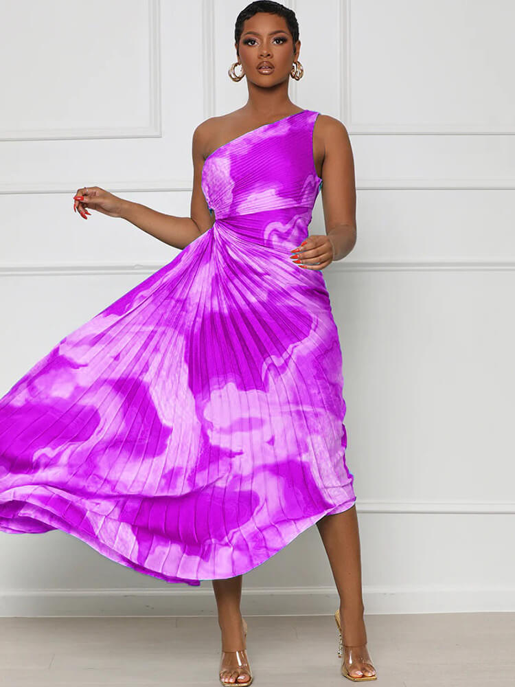 One Shouler Tie Dye Ruched Midi Dresses