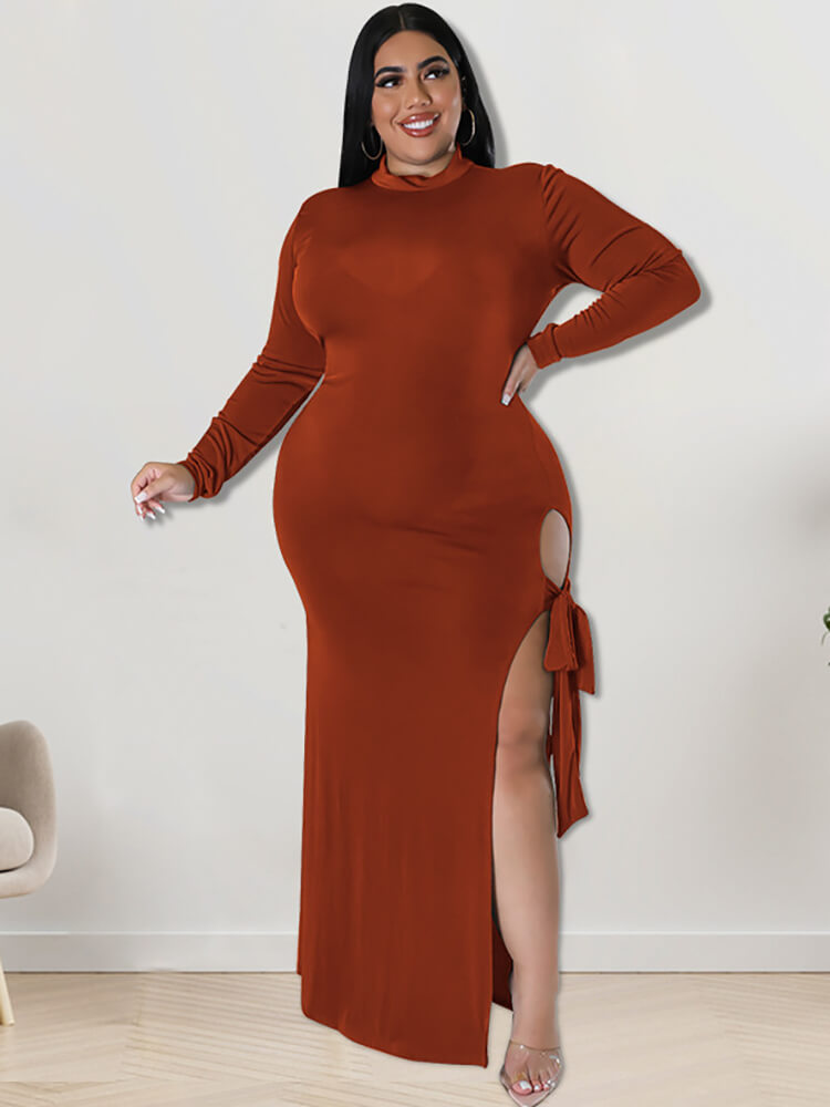 Plus Size Long Sleeve Mock Neck Split Maxi Dresses