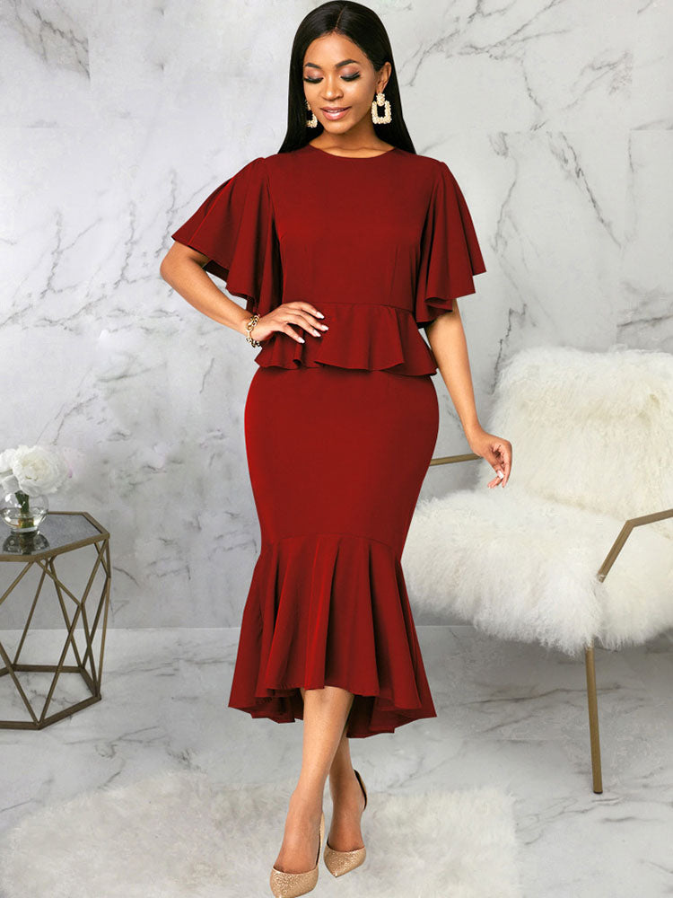 Ruffle Short Sleeve Bodycon Midi Dresses