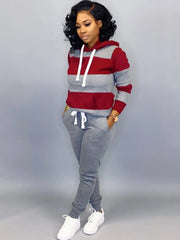 Two Pieces Stripes Pocket Hoodies & Drawstring Pants