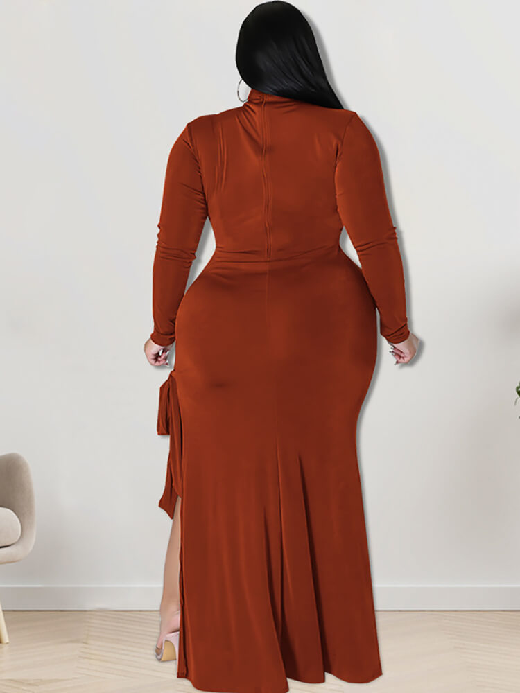 Plus Size Mock Neck Long Sleeve Strappy Slit Maxi Dresses