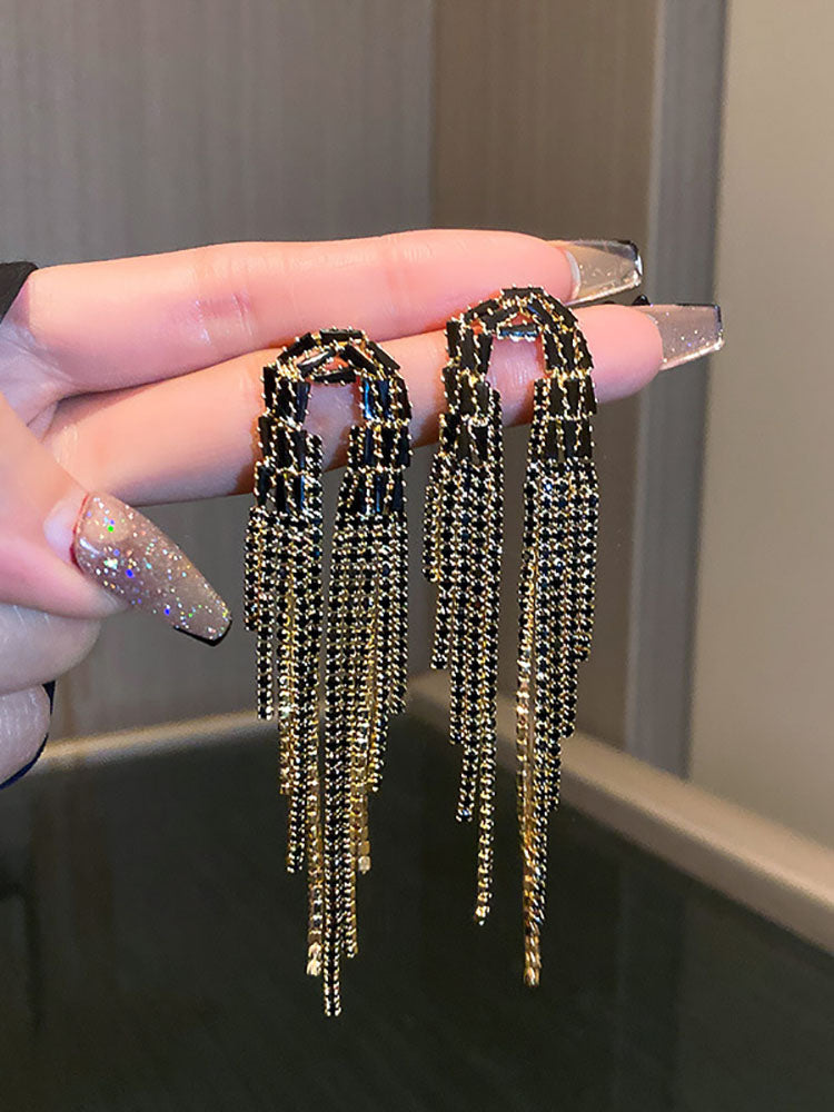 Rhinestone Butterfly Heart Tassel Earrings