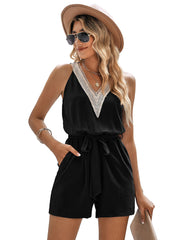 Sleeveless V Neck With Belt Rompers