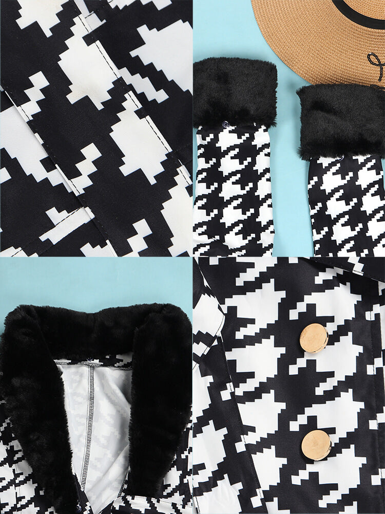 Houndstooth Long Sleeve Patchwork Woolen Coats