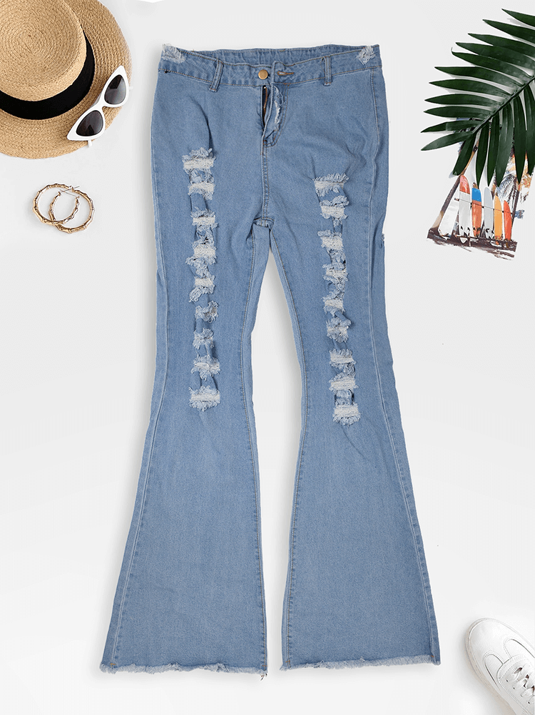 Classic Hole Distressed Flare Bell Bottom Denim Jeans