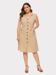 Plus Size Sleevelss Buttons Midi Dress