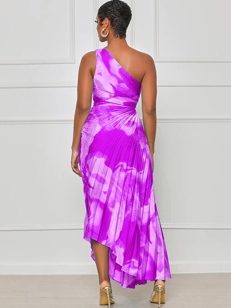 One Shouler Tie Dye Ruched Midi Dresses