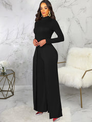 Mock Neck Long Sleeve Wide Leg Jumpsuits