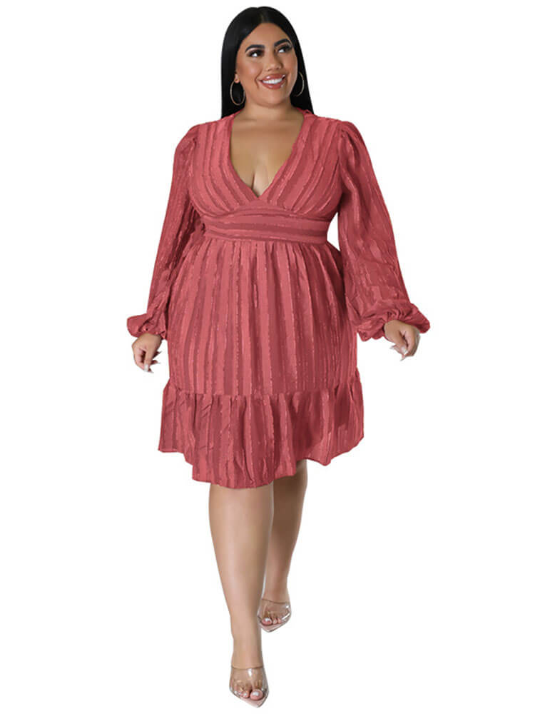 Plus Size Deep V Neck Long Puff Sleeve Mini Dresses