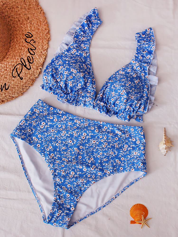 Sleeveless Floral Print Ruffle Swimsuit