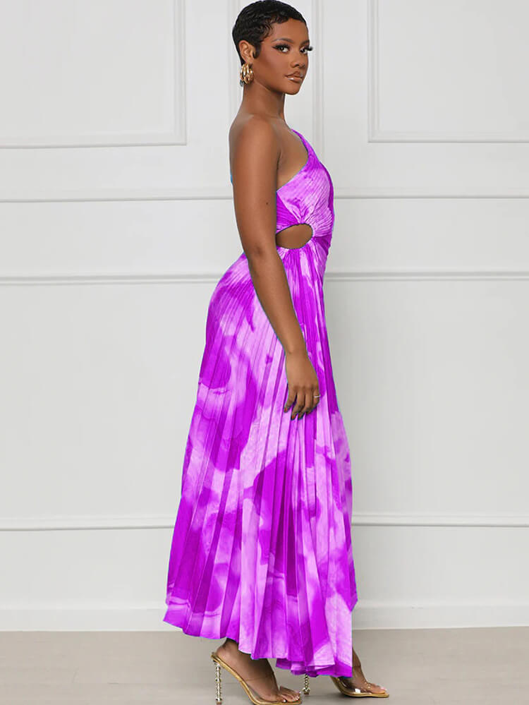 One Shouler Tie Dye Ruched Midi Dresses