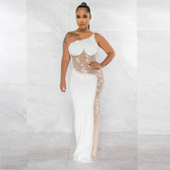 Rhinestone One Shoulder Mesh Maxi Dresses