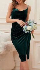 Sleeveless Velvet Ruched Split Midi Dresses