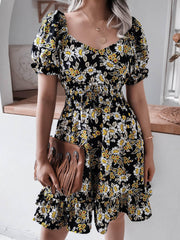 Puff Sleeve Floral Ruffled Mini Dress