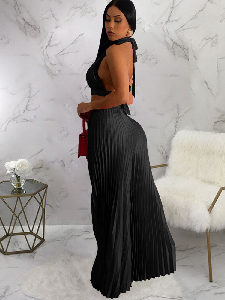 Two Piece Halter Crop Top Wide Leg Pants