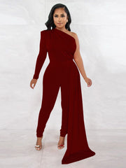 Long Sleeve One Shoulder Solid Jumpsuits