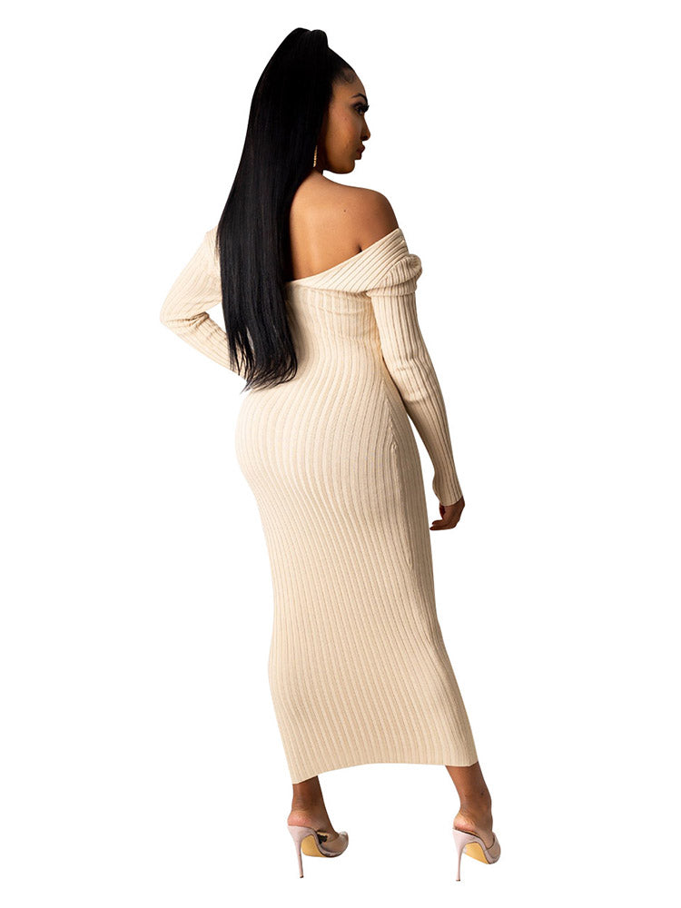 Off Shoulder V Neck Ribbed Midi Dresses