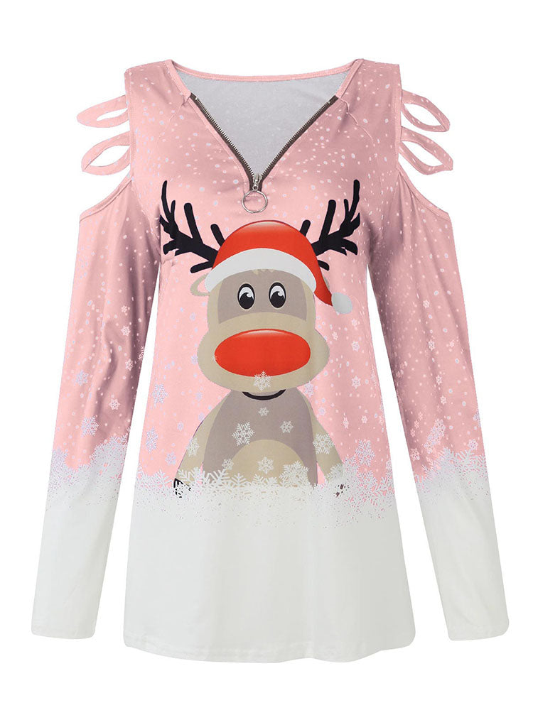 Christmas Plus Size Long Sleeves Elk Print Tops