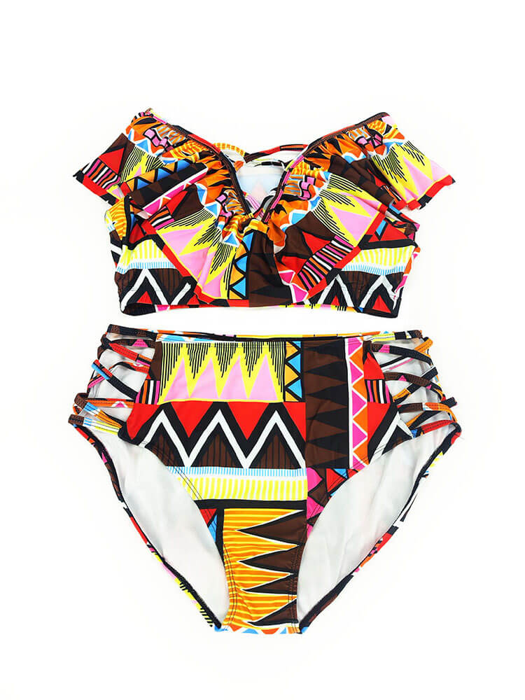 Two Piece Off Shoulder Print Swimsuits