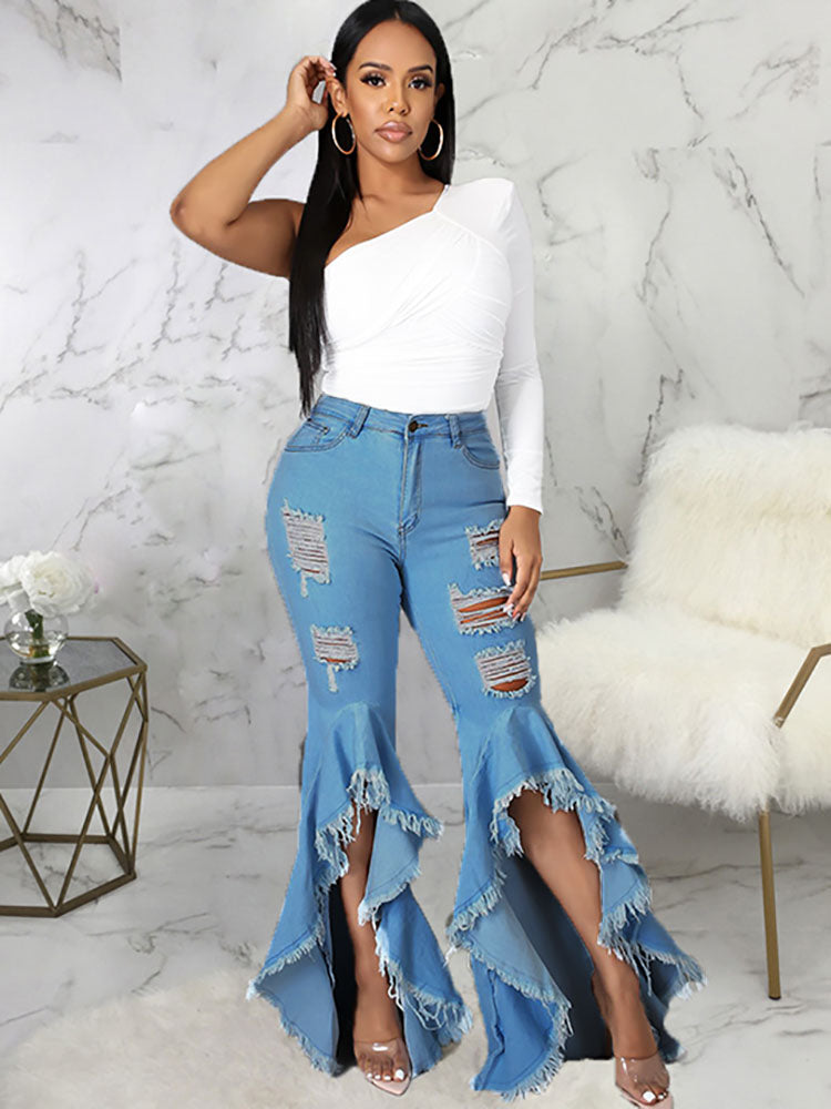 Denim Ripped Ruffle Hem Long Jeans