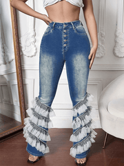 Denim Mesh Patchwork Button Flare Pants