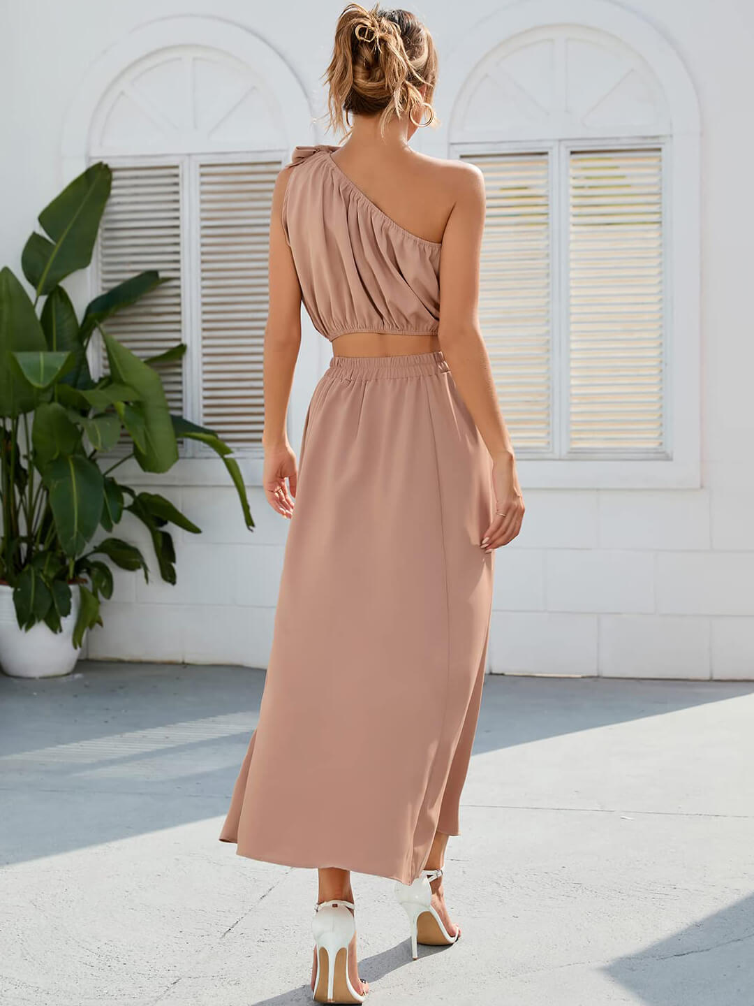 One Shoulder Sleeveless Crop Top & Split Midi Skirts