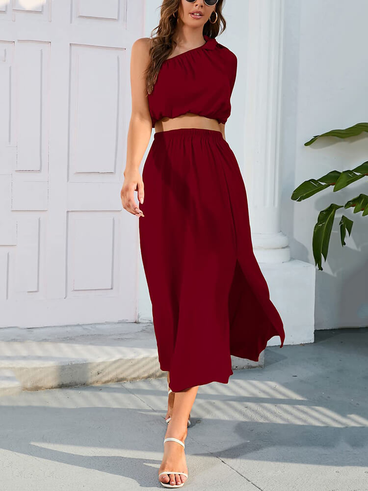 One Shoulder Sleeveless Crop Top & Split Midi Skirts