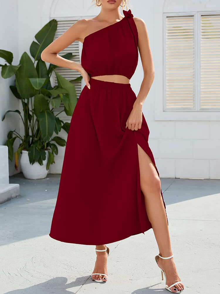 One Shoulder Sleeveless Crop Top & Split Midi Skirts