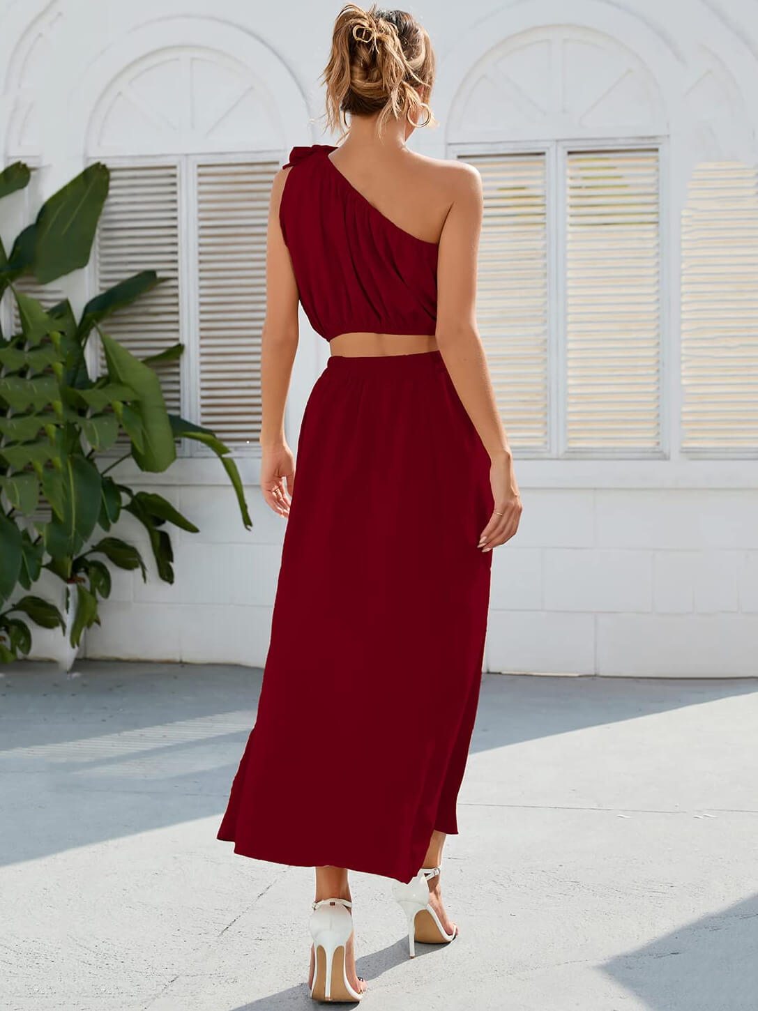 One Shoulder Sleeveless Crop Top & Split Midi Skirts