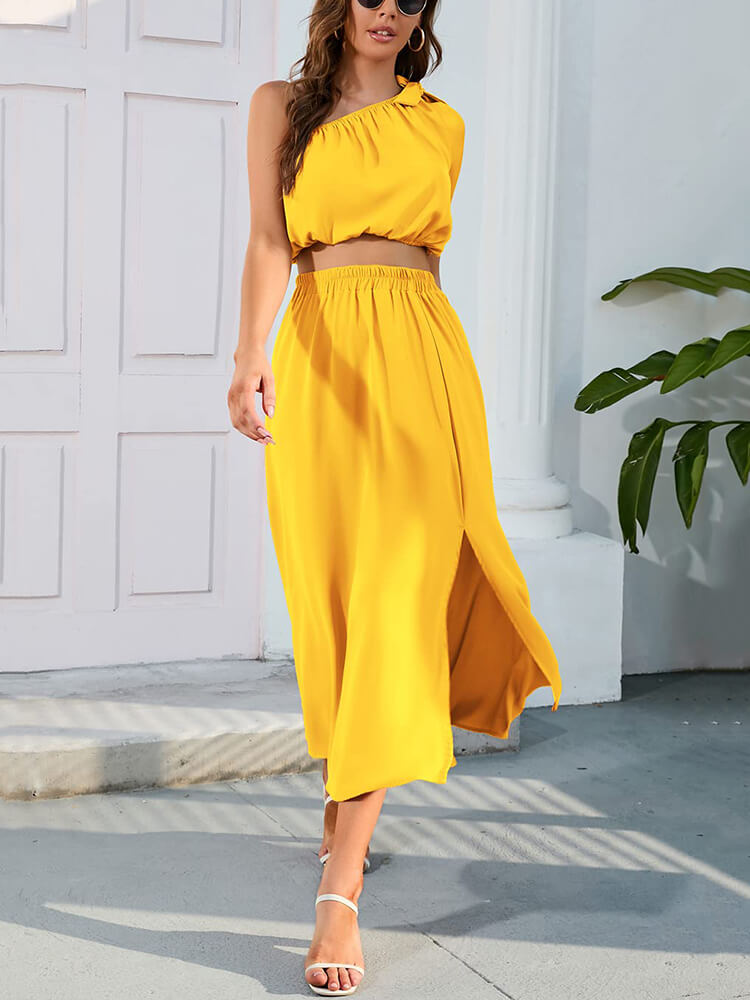 One Shoulder Sleeveless Crop Top & Split Midi Skirts