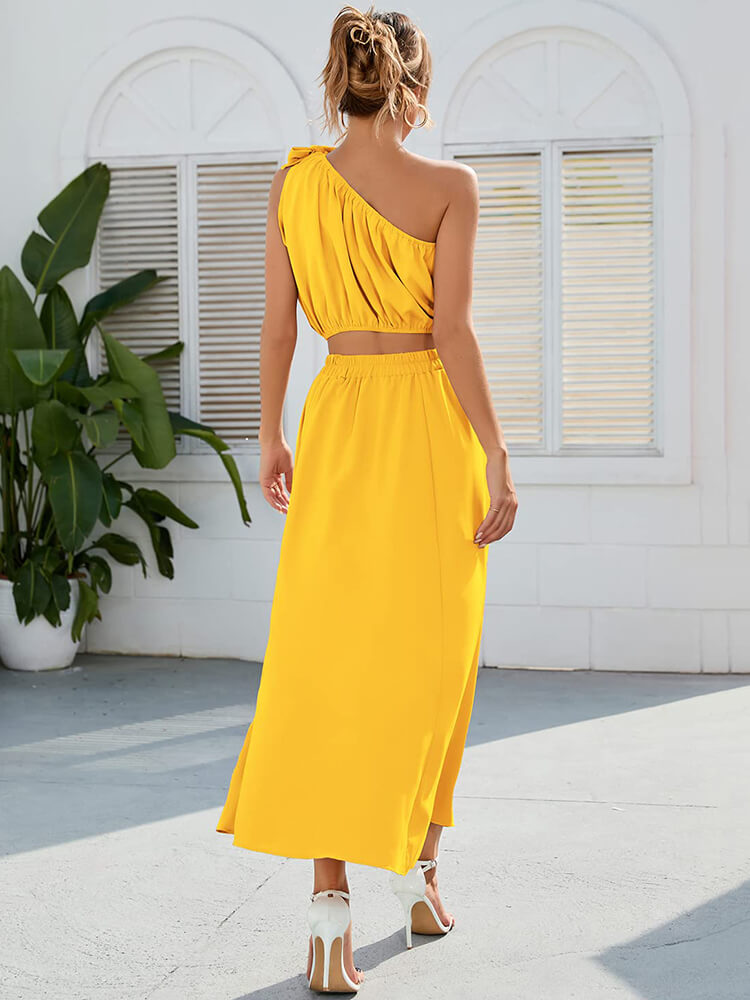 One Shoulder Sleeveless Crop Top & Split Midi Skirts